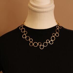 Modernist Italian Offset Circle Necklace Gold & Cubic Zirconia 18"